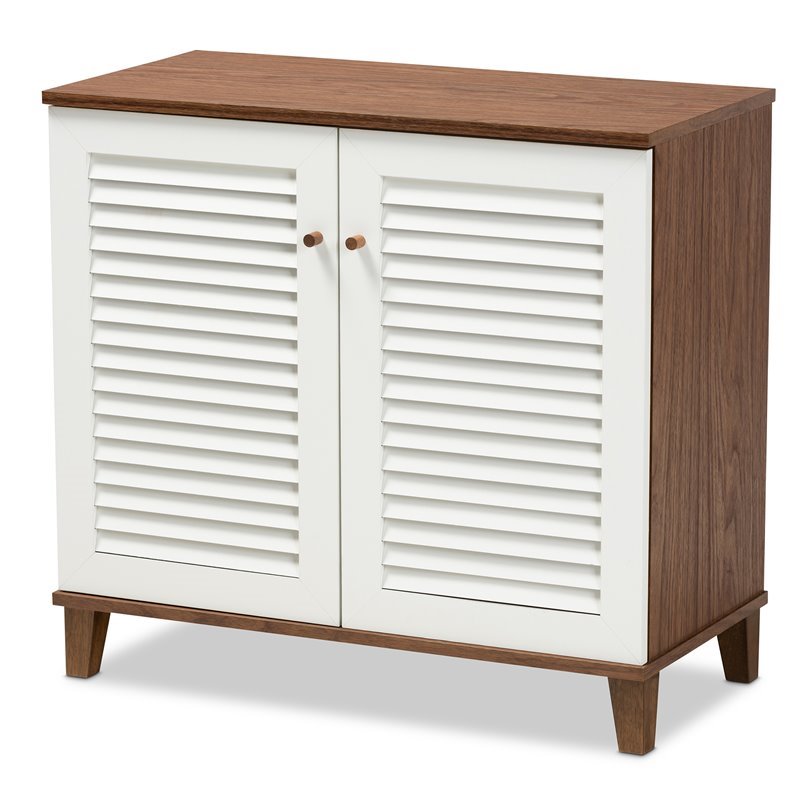 Baxton Studio Coolidge White and Walnut Finished 4-Shelf Wood Shoe Cabinet