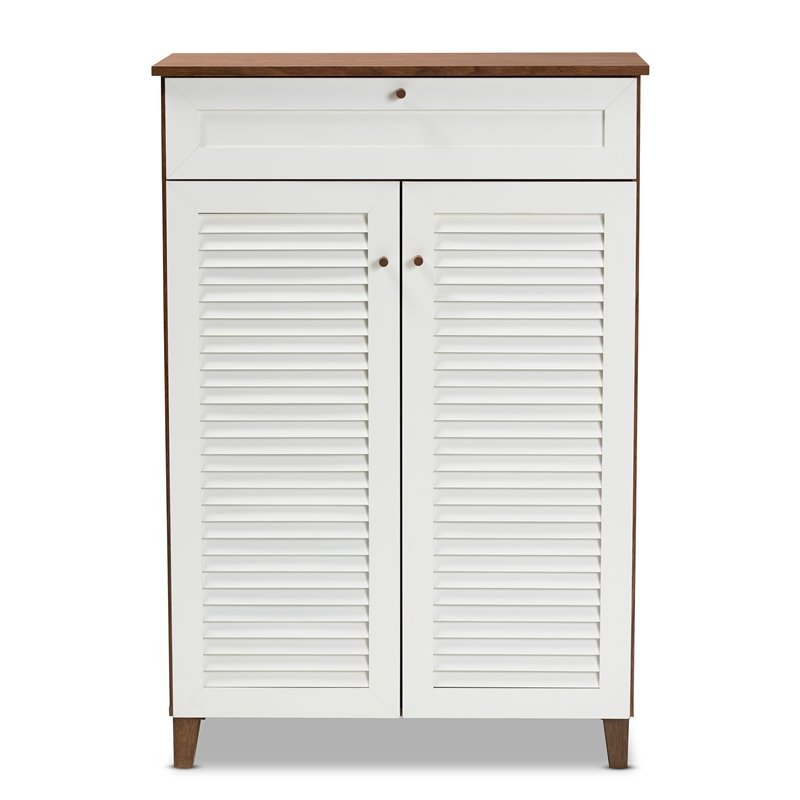 Baxton Studio Coolidge White and Walnut 5-Shelf Wood Shoe Cabinet with Drawer