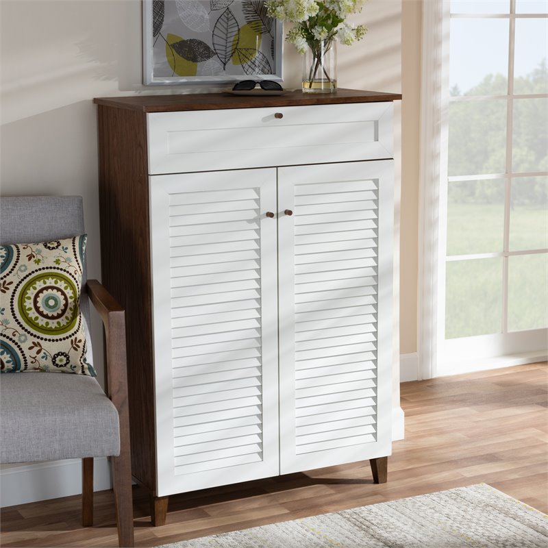 Baxton Studio Coolidge White and Walnut 5-Shelf Wood Shoe Cabinet with Drawer