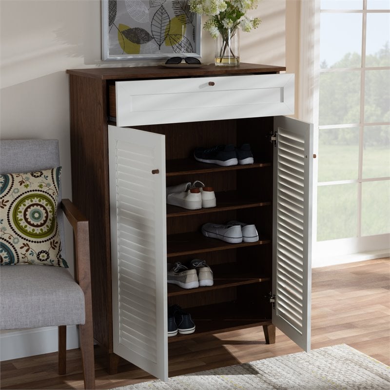 Baxton Studio Coolidge White and Walnut 5-Shelf Wood Shoe Cabinet with Drawer