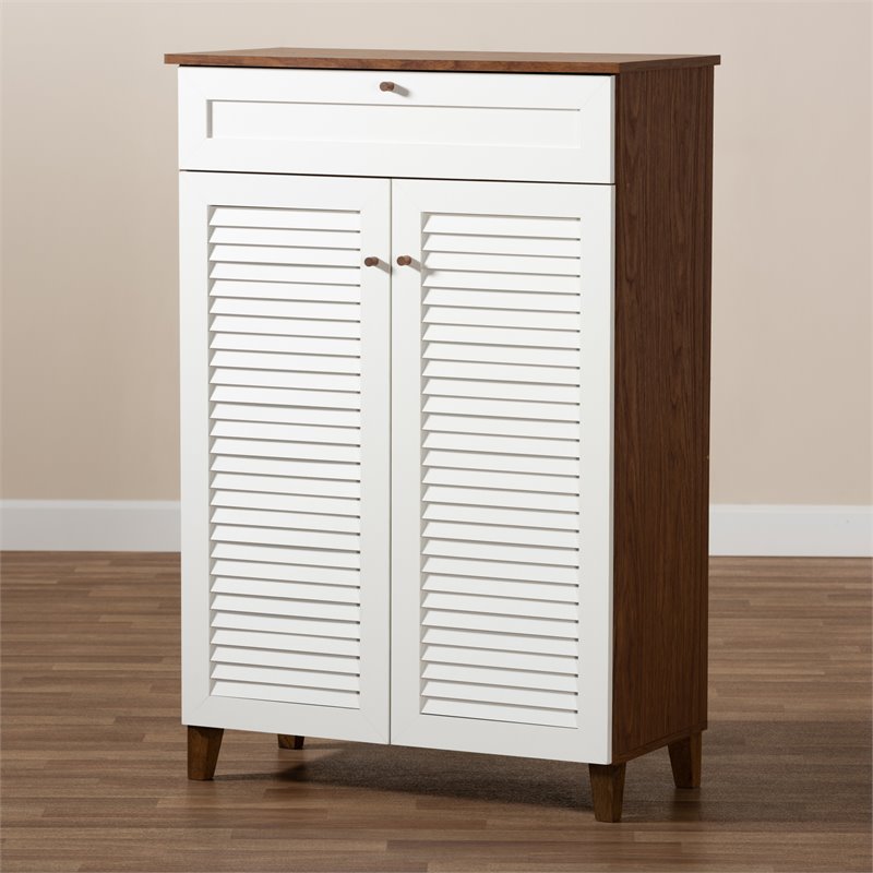 Baxton Studio Coolidge White and Walnut 5-Shelf Wood Shoe Cabinet with Drawer