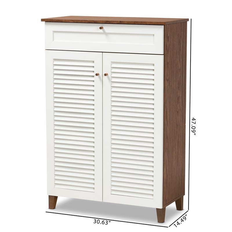 Baxton Studio Coolidge White and Walnut 5-Shelf Wood Shoe Cabinet with Drawer