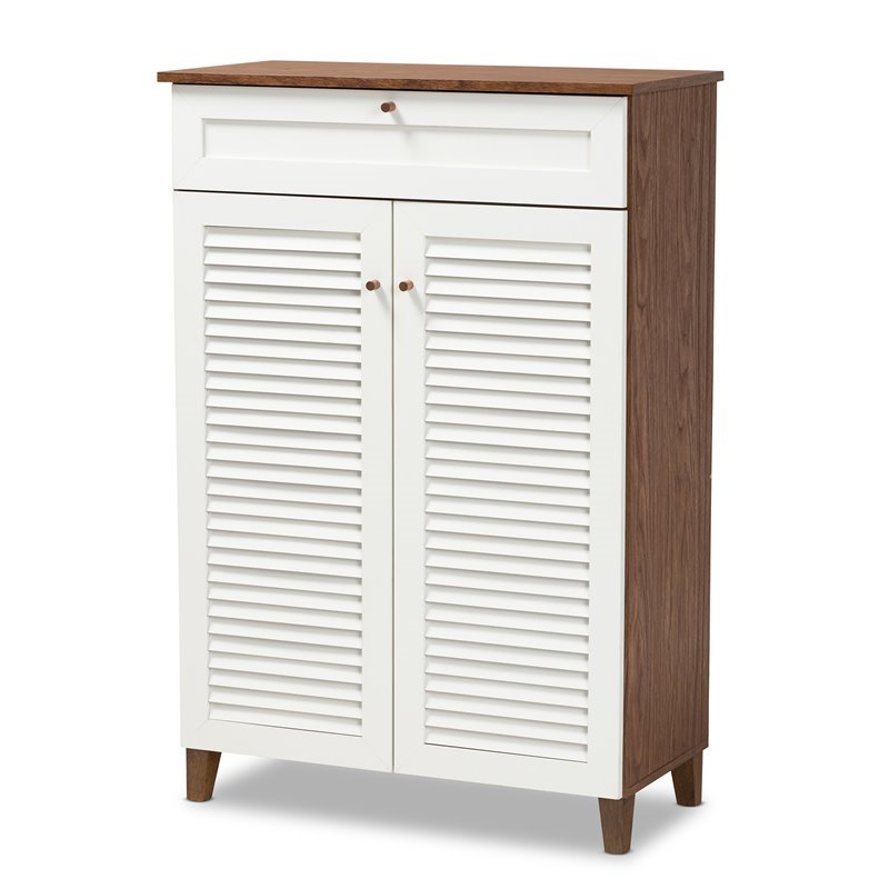 Baxton Studio Coolidge White and Walnut 5-Shelf Wood Shoe Cabinet with Drawer