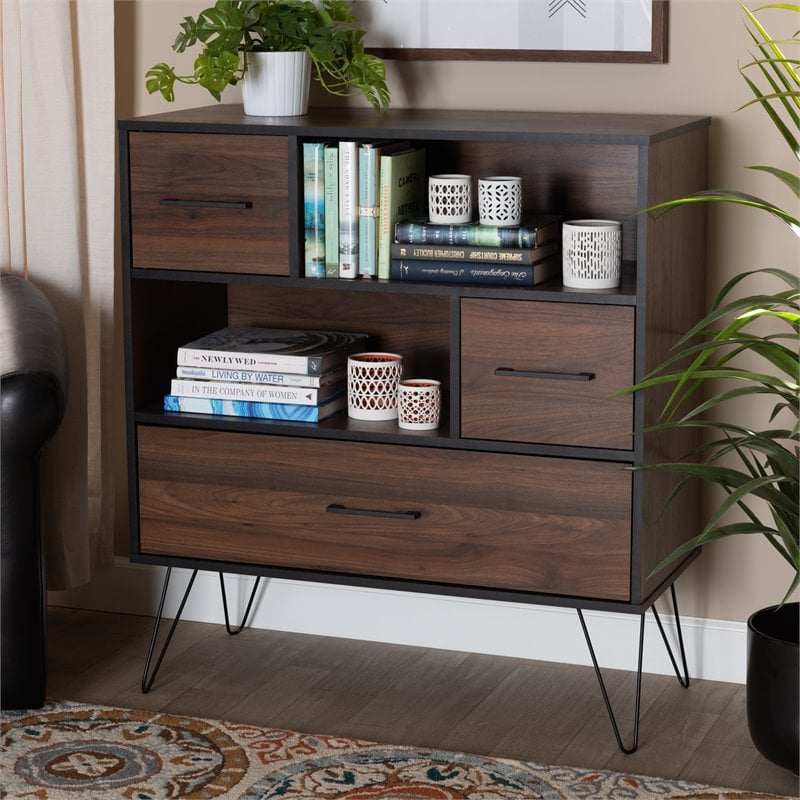 Baxton Studio Charis Two-Tone Walnut and Black Finished Wood 1-Drawer Bookcase