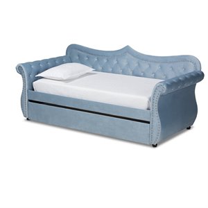 baxton studio abbie twin size light blue velvet tufted daybed with trundle