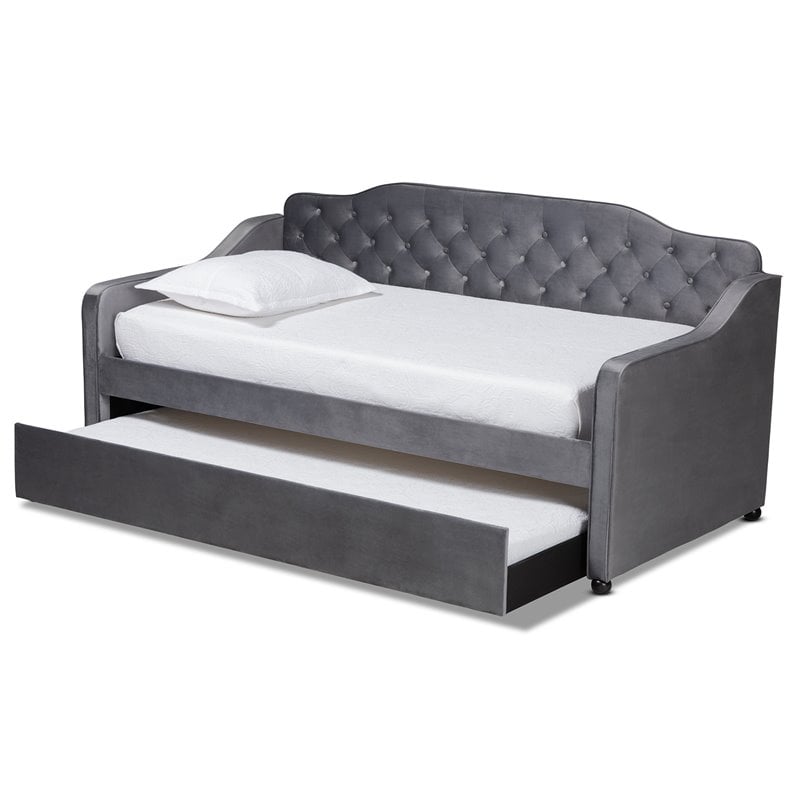 Baxton Studio Freda Twin Size Gray Velvet Button Tufted Daybed with Trundle