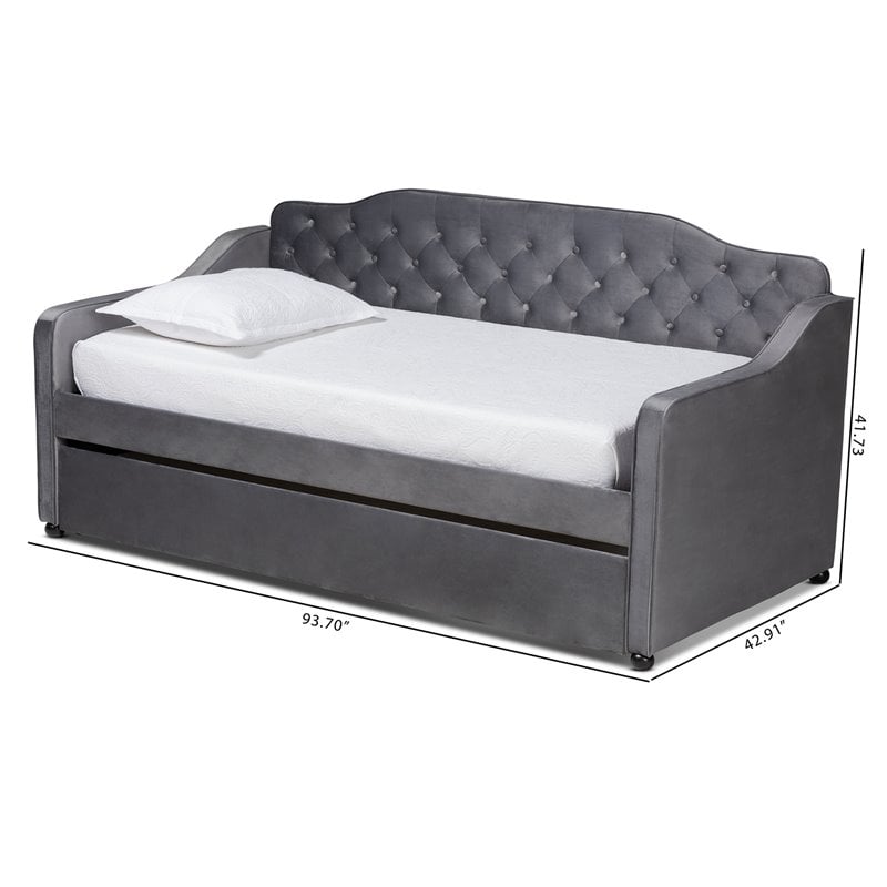 Baxton Studio Freda Twin Size Gray Velvet Button Tufted Daybed with Trundle