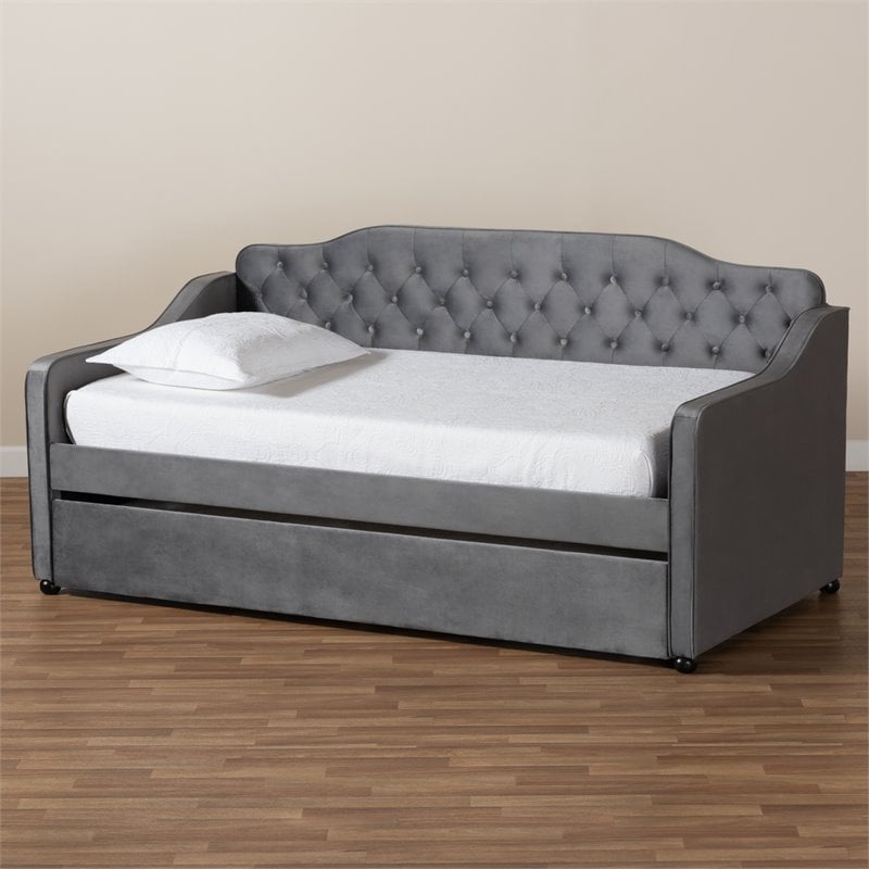Baxton Studio Freda Twin Size Gray Velvet Button Tufted Daybed with Trundle