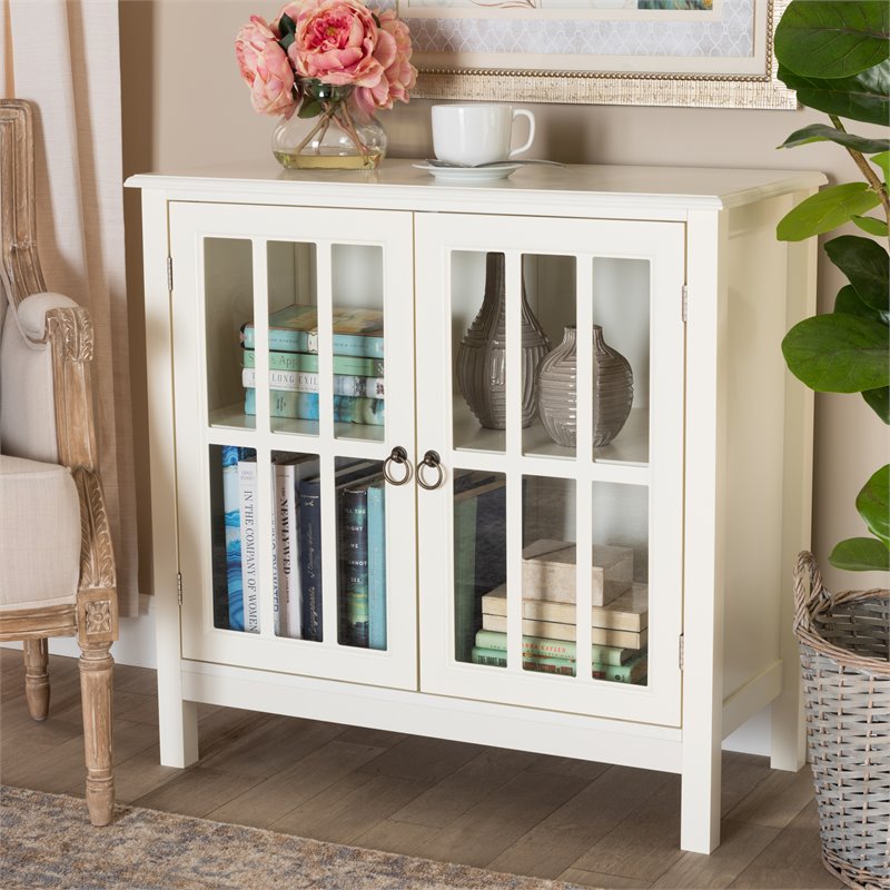 Baxton Studio Kendall White Finished Wood and Glass Kitchen Cabinet