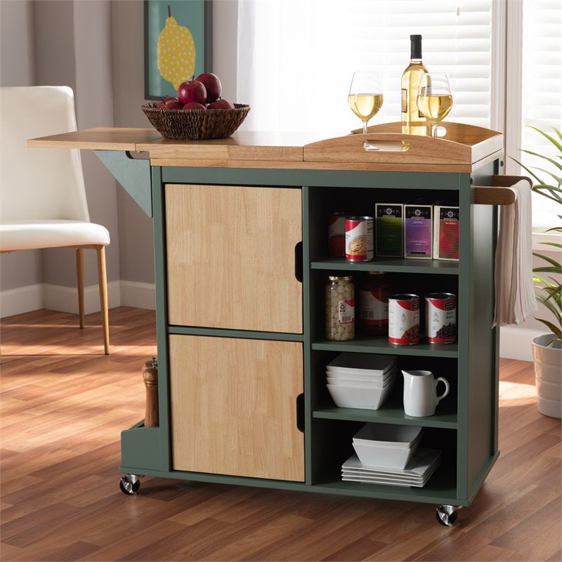 Baxton Studio Dorthy Two-tone Dark Green and Natural Wood Kitchen Cart