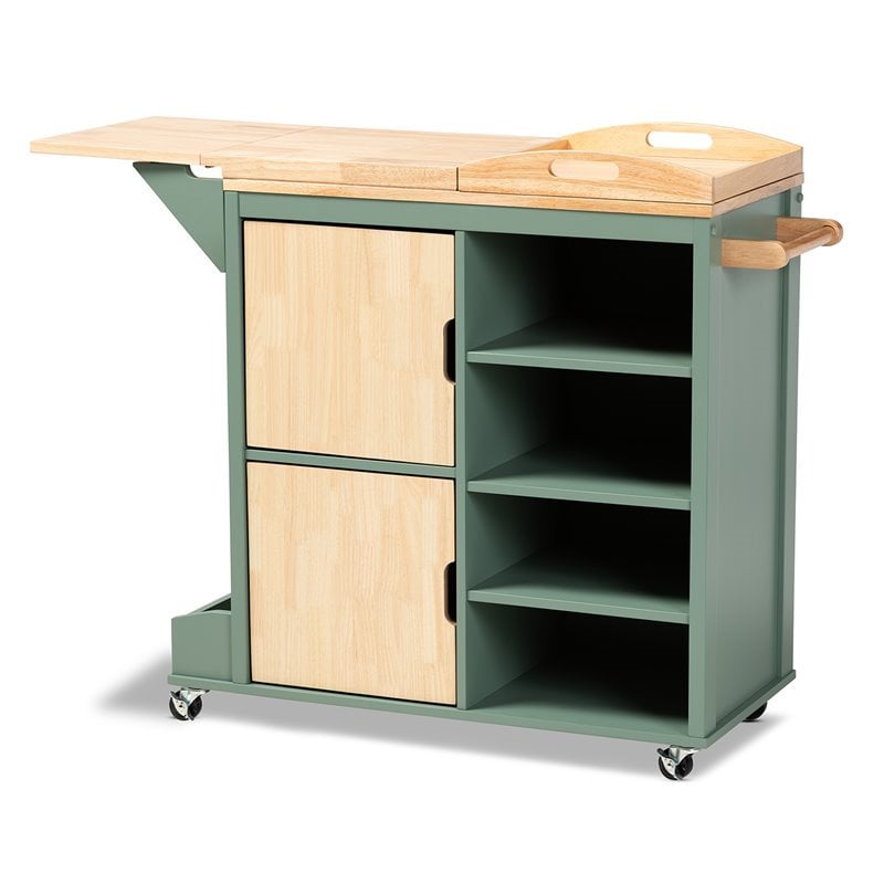 Baxton Studio Dorthy Two-tone Dark Green and Natural Wood Kitchen Cart