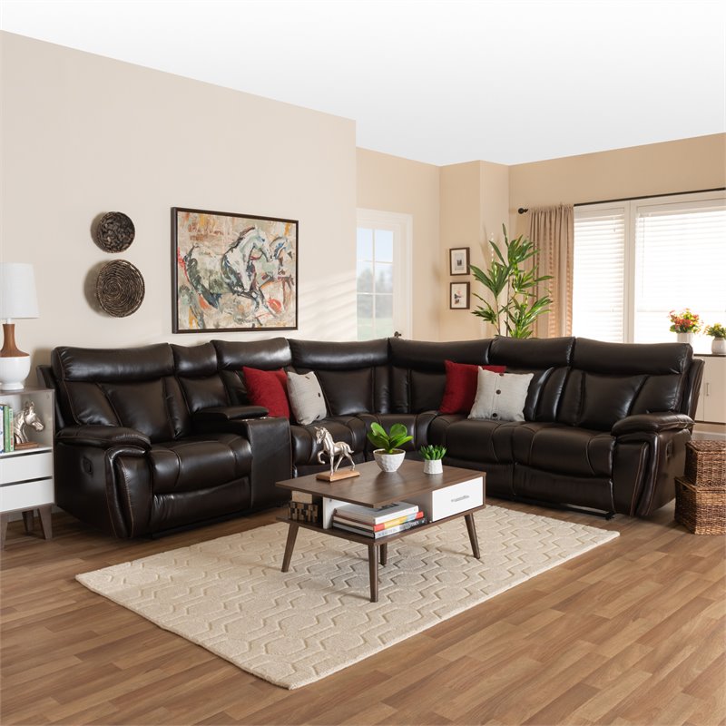 Baxton Studio Lewis Dark Brown Faux Leather 6 Piece Reclining Sectional Sofa