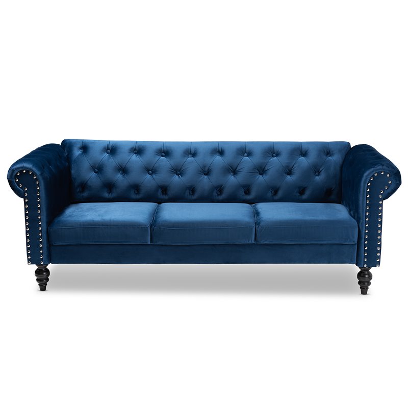 Baxton Studio Emma Navy Blue Velvet Upholstered Button Tufted Chesterfield Sofa