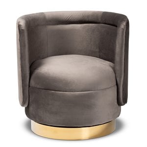 Baxton Studio Saffi Gray Velvet Upholstered Gold Finished Swivel Accent Chair