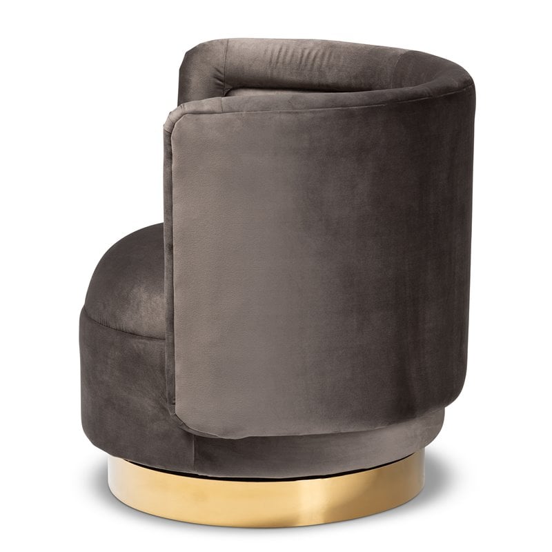 Baxton Studio Saffi Gray Velvet Upholstered Gold Finished Swivel Accent Chair