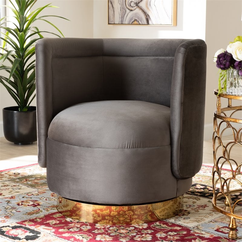 Baxton Studio Saffi Gray Velvet Upholstered Gold Finished Swivel Accent Chair