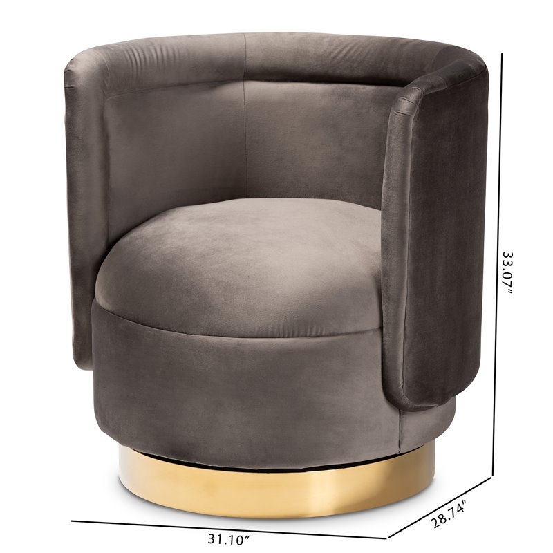 Baxton Studio Saffi Gray Velvet Upholstered Gold Finished Swivel Accent Chair