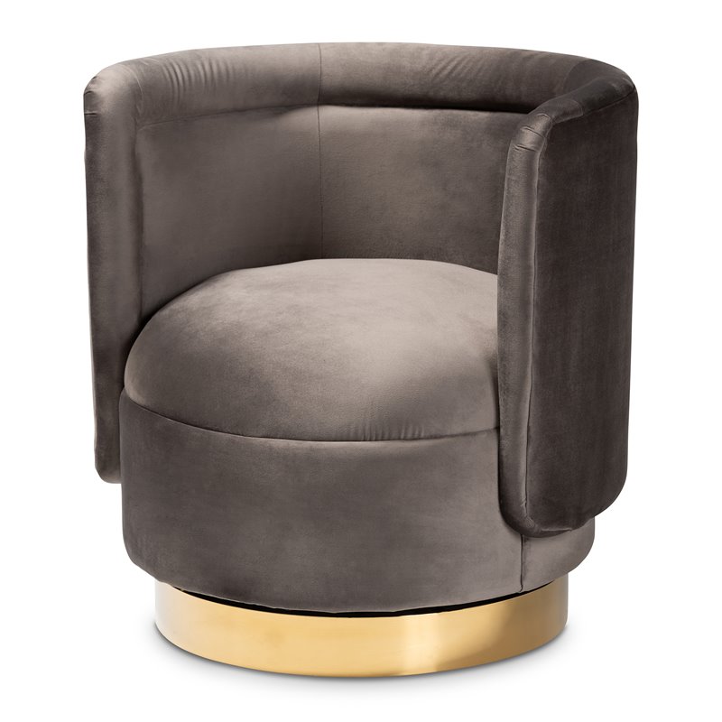 Baxton Studio Saffi Gray Velvet Upholstered Gold Finished Swivel Accent Chair