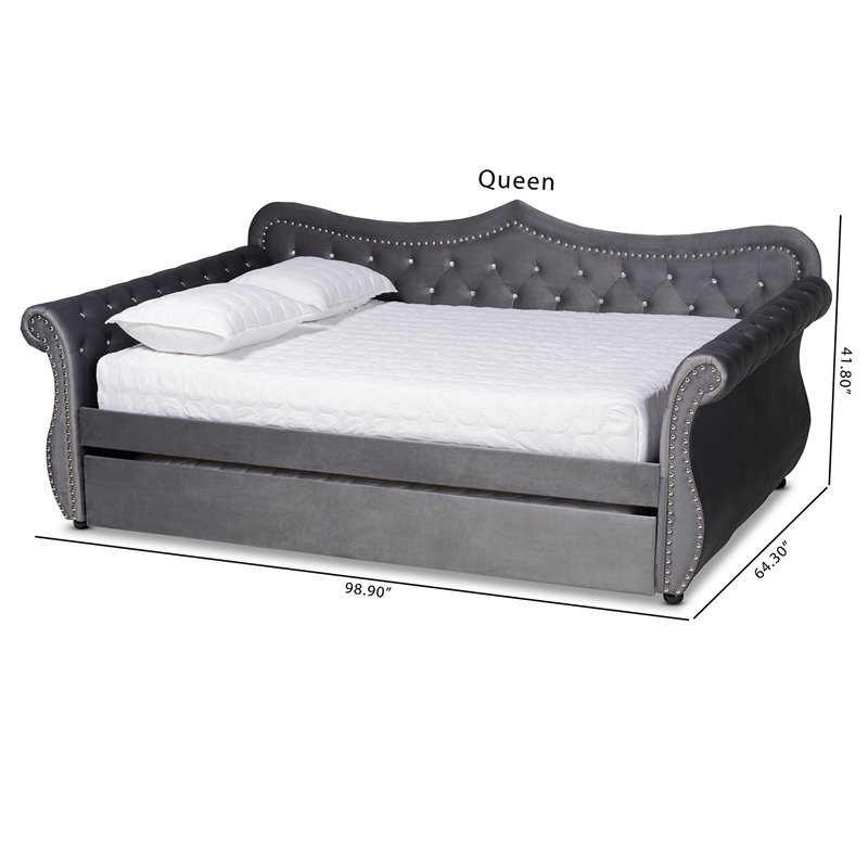 Baxton Studio Abbie Gray Velvet Crystal Tufted Full Wood Daybed with Trundle