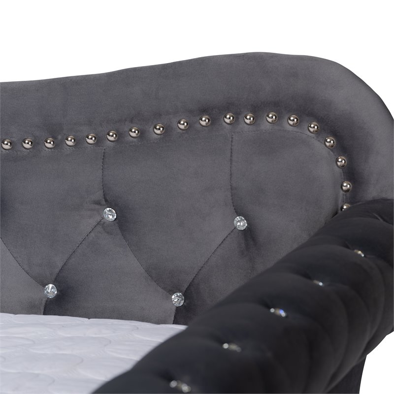 Baxton Studio Abbie Gray Velvet Crystal Tufted Full Wood Daybed with Trundle