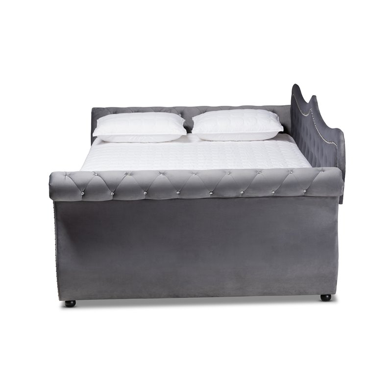 Baxton Studio Abbie Gray Velvet and Crystal Tufted Queen Size Wood Daybed