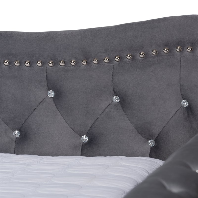 Baxton Studio Abbie Gray Velvet and Crystal Tufted Queen Size Wood Daybed