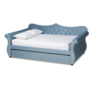 baxton studio abbie light blue velvet tufted queen size wood daybed with trundle