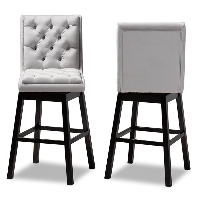 Baxton Studio Gregory Light Gray Velvet 2-Piece Wood Swivel Bar Stool Set