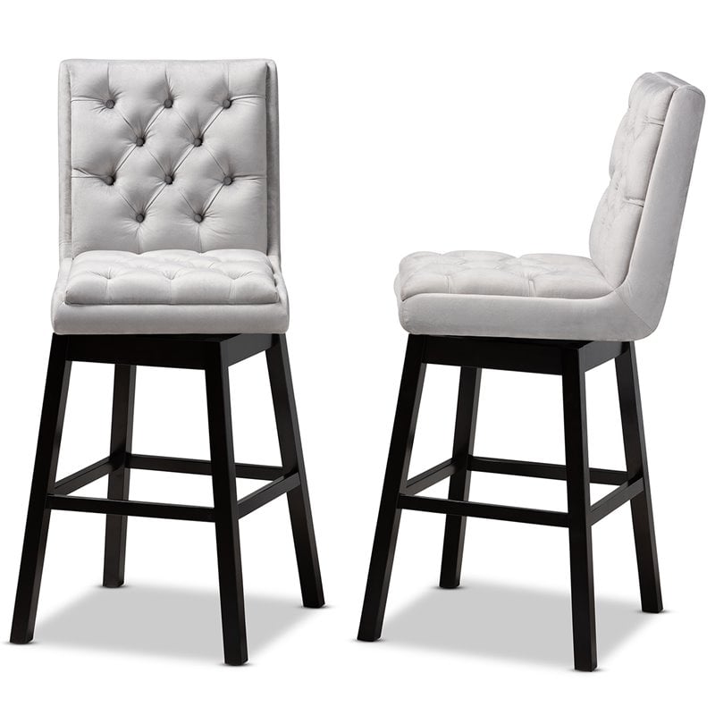 Baxton Studio Gregory Light Gray Velvet 2-Piece Wood Swivel Bar Stool Set