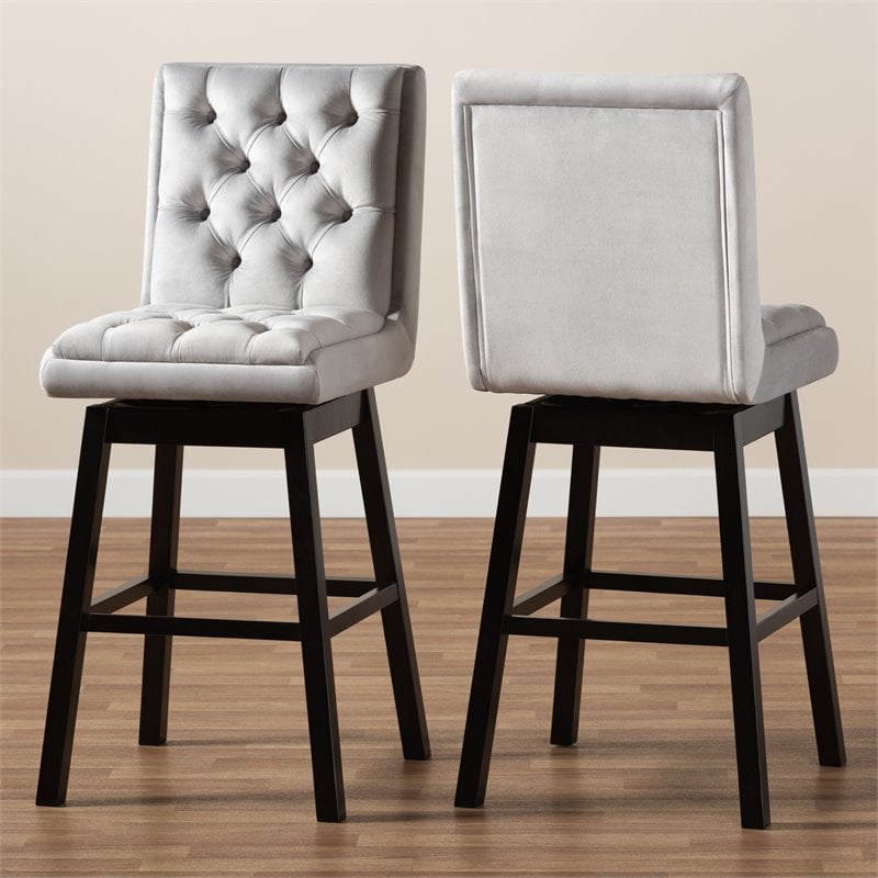 Baxton Studio Gregory Light Gray Velvet 2-Piece Wood Swivel Bar Stool Set