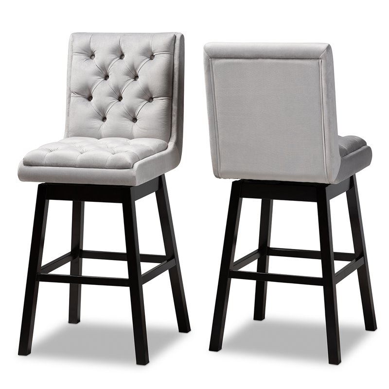 Baxton Studio Gregory Light Gray Velvet 2-Piece Wood Swivel Bar Stool Set