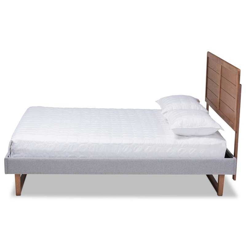 Baxton Studio Claudia Full Size Light Gray Upholstered Walnut Wood Platform Bed