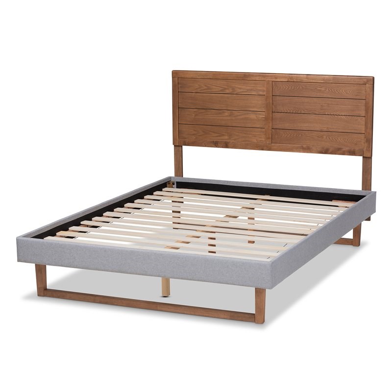 Baxton Studio Claudia Full Size Light Gray Upholstered Walnut Wood Platform Bed