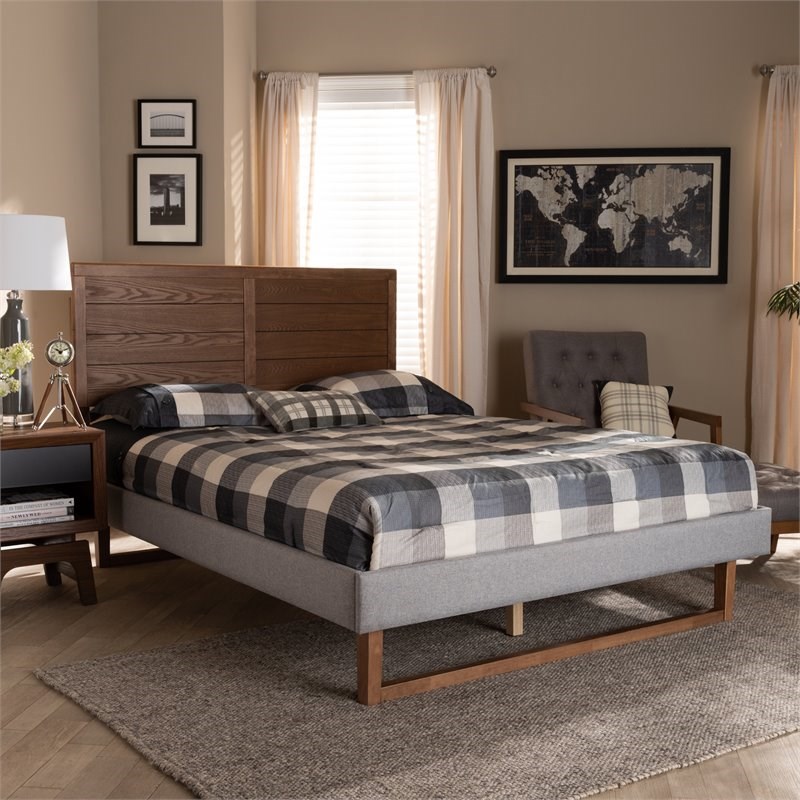 Baxton Studio Claudia Full Size Light Gray Upholstered Walnut Wood Platform Bed