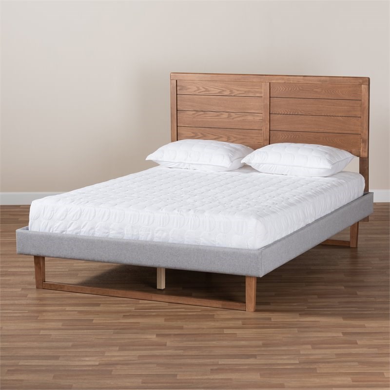 Baxton Studio Claudia Full Size Light Gray Upholstered Walnut Wood Platform Bed