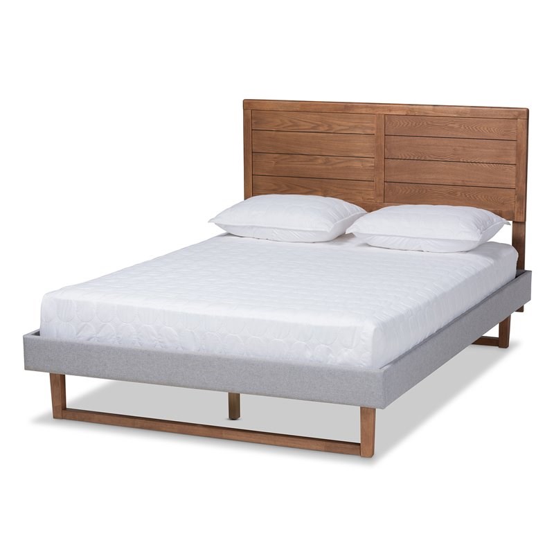 Baxton Studio Claudia Full Size Light Gray Upholstered Walnut Wood Platform Bed