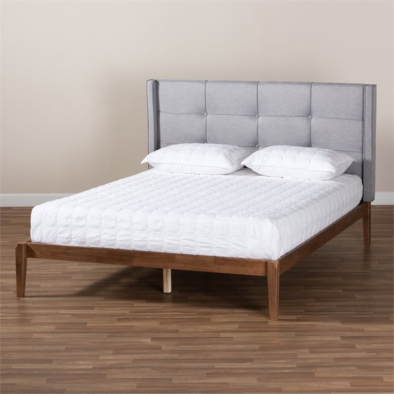 Baxton Studio Edmond Full Size Gray Upholstered Ash Walnut Finished Platform Bed