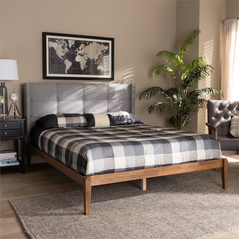 Baxton Studio Edmond King Size Gray Upholstered and Ash Walnut Wood Platform Bed
