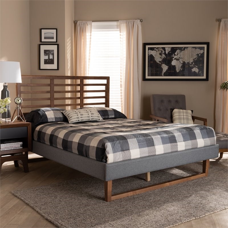 Baxton Studio Rina Queen Size Dark Gray Upholstered Ash Walnut Wood Platform Bed