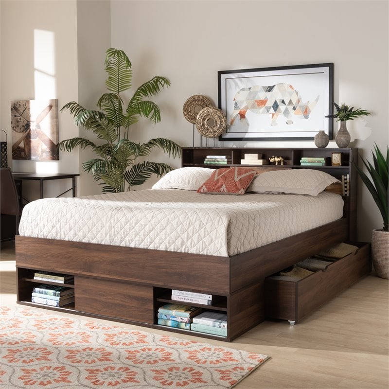 Baxton Studio Tristan Queen Size Walnut Wood 1-Drawer Wood Platform Storage Bed