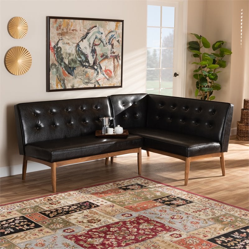 Baxton Studio Arvid Dark Brown Faux Leather 2Piece Wood Dining Sofa