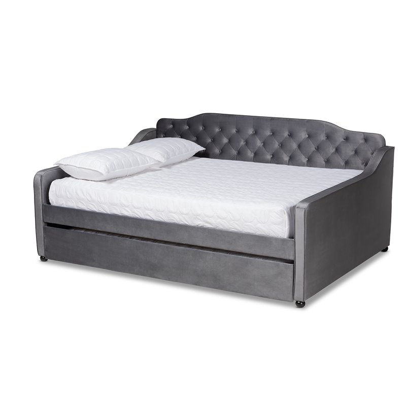 Baxton Studio Freda Gray Velvet Button Tufted Full Size Wood Daybed with Trundle