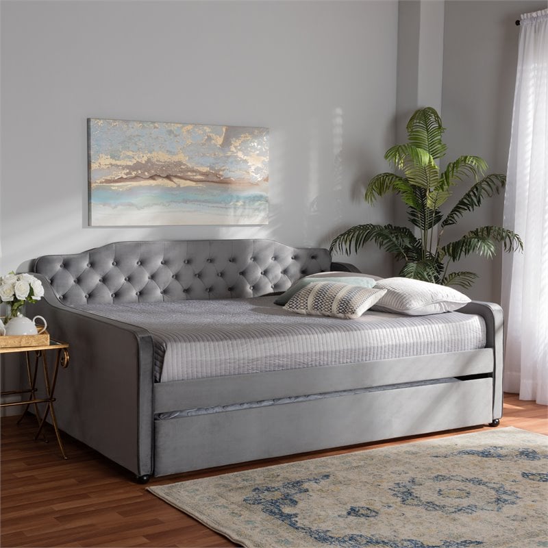 Baxton Studio Freda Gray Velvet Button Tufted Queen Wood Daybed with Trundle
