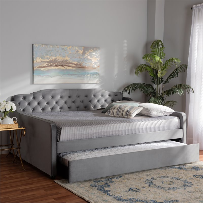 Baxton Studio Freda Gray Velvet Button Tufted Queen Wood Daybed with Trundle