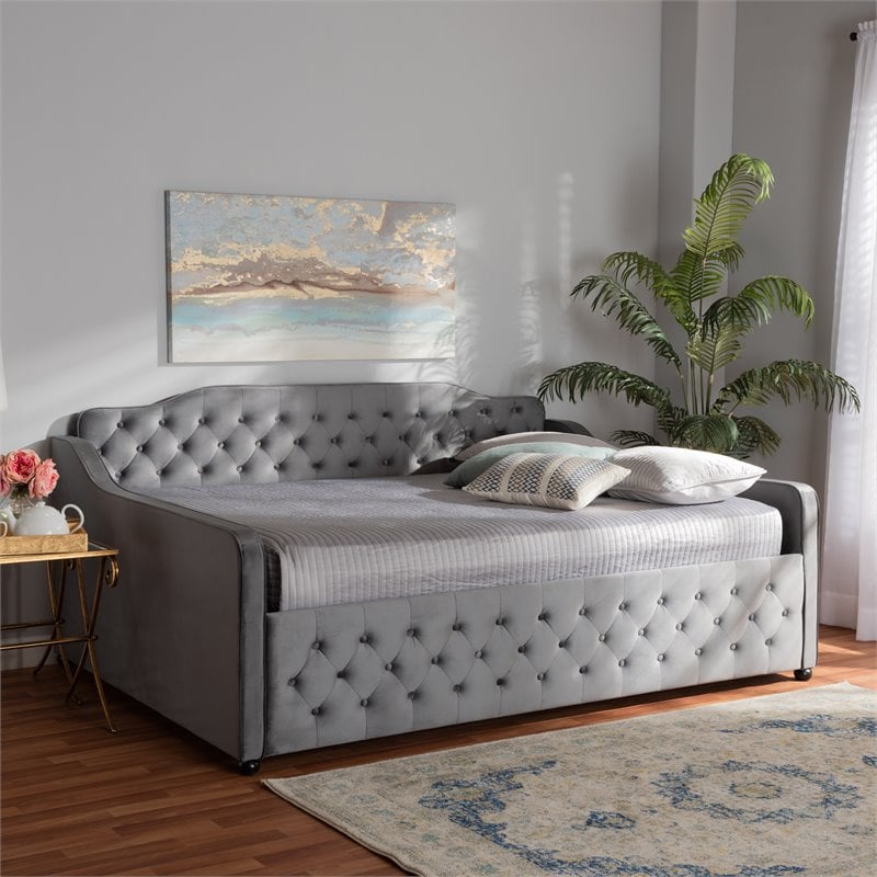 Baxton Studio Freda Gray Velvet Button Tufted Full Size Wood Daybed