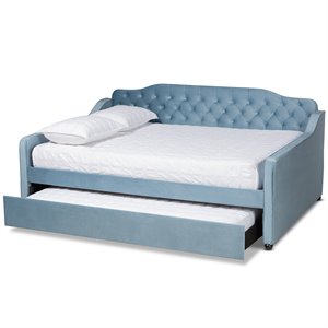baxton studio freda light blue velvet tufted queen size wood daybed with trundle