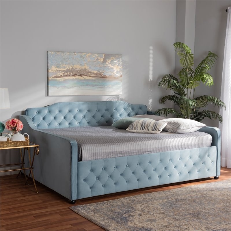 Baxton Studio Freda Light Blue Velvet and Button Tufted Full Size Wood