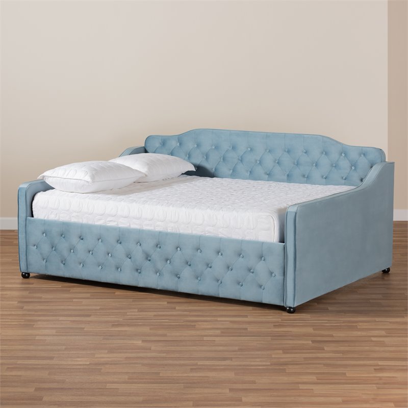 Baxton Studio Freda Light Blue Velvet and Button Tufted Queen Size Wood Daybed