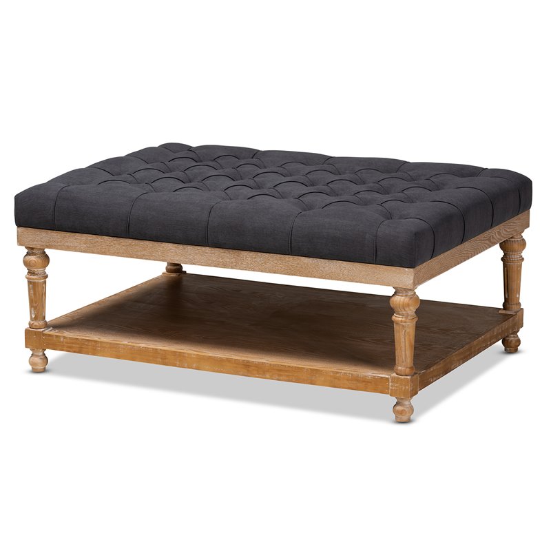 Baxton Studio Lindsey Charcoal Linen Upholstered Graywashed Cocktail Ottoman