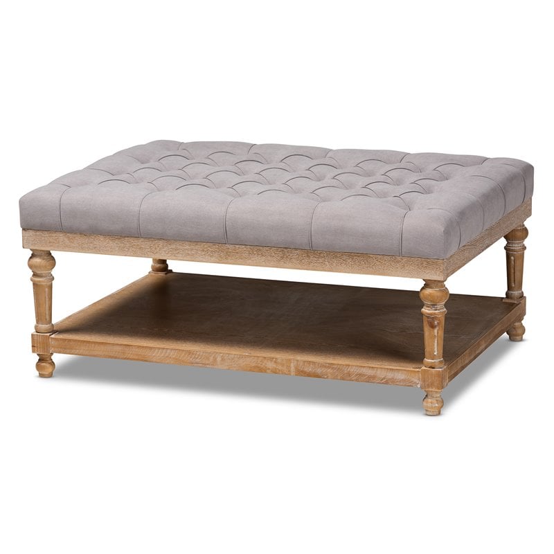 Baxton Studio Lindsey Gray Linen Upholstered Graywashed Wood Cocktail Ottoman